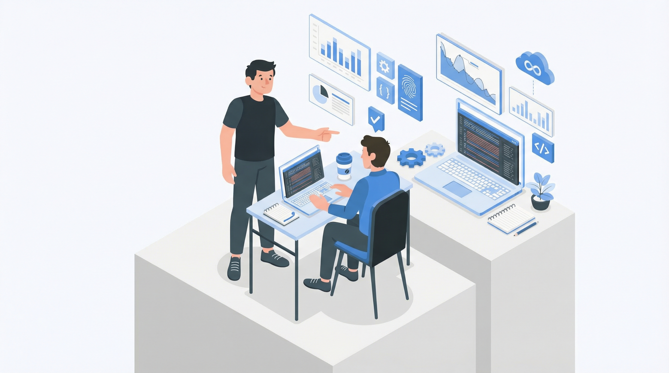 Kollegen besprechen Rollen und Zugriffsrechte am Laptop